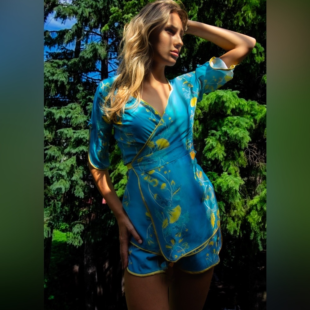 Floral Blue and Yellow/Purple and Black Graphic Animal Print Wrap and Shorts